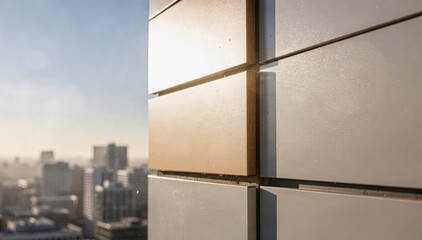 Fototapeta premium Close medium view of facade laminate sheets applied on architectural structures emphasizing their protective qualities against sunlight and harsh environmental conditions.