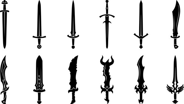 Medieval Sword and Fantasy Blade Silhouette Vector Icon Set
