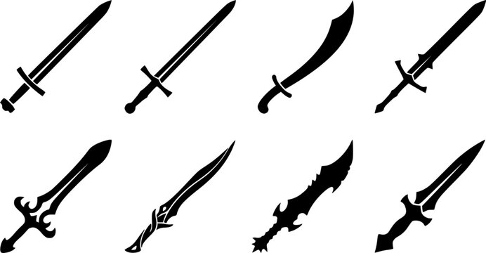 Medieval Sword and Fantasy Blade Silhouette Vector Icon Set
