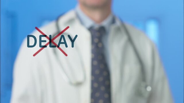 Medical professional striking through the word delay written on a transparent screen, symbolizing urgency in healthcare and the need for immediate action to prevent epidemics like ebola