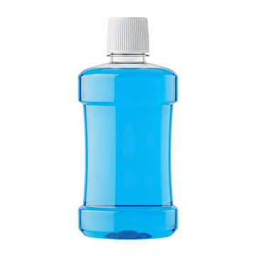 Blue mouthwash liquid in a plastic bottle