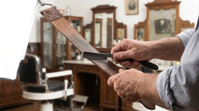 Barber sharpening a traditional straight razor blade on a leather strop