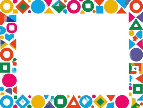 Lively border made of various colorful geometric shapes like circles triangles and squares surrounding a white center. Flat art design.