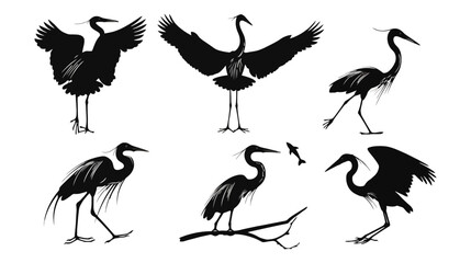 Fototapeta premium Heron silhouette vector set, black crane bird icons in various poses, elegant egret and stork illustrations for nature branding and wildlife logos