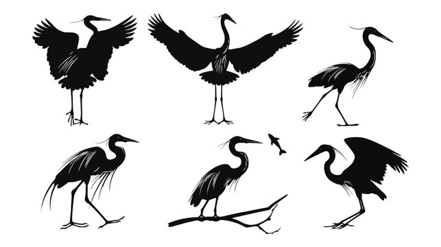 Heron silhouette vector set, black crane bird icons in various poses, elegant egret and stork illustrations for nature branding and wildlife logos