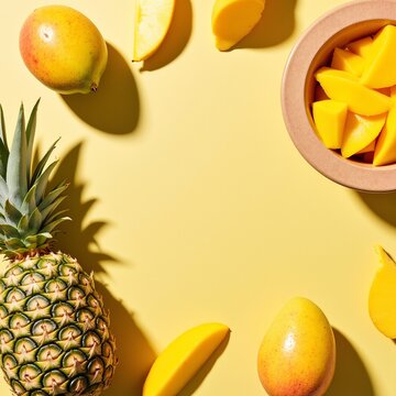 Tropical Fruit Flat Lay with Mango Pineapple and Summer Copy Space