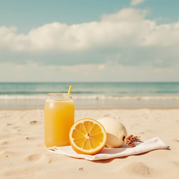 Fresh Orange Juice on Sandy Beach Tropical Summer Refreshment Concept