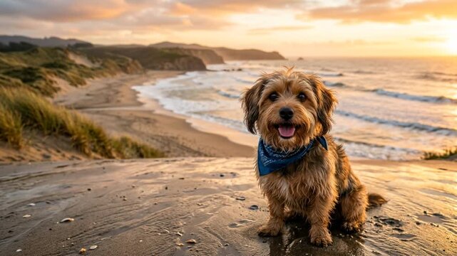 corkie dog on cannon beach oregon golden light close up video
