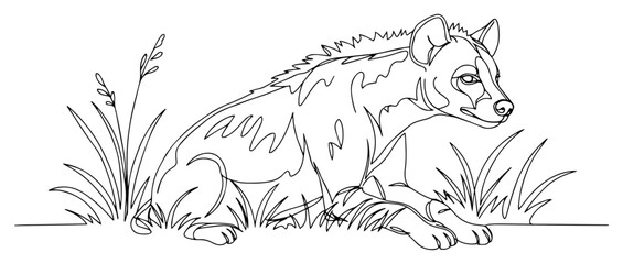Hyena sitting in tall grass on African savannah continuous one line art drawing for wildlife nature and safari animal concept © ----WWWLINE----