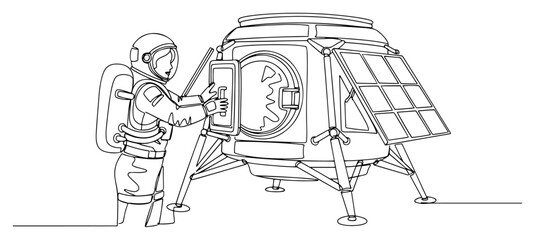 Astronaut entering space module or lunar lander on planetary surface continuous one line art drawing for cosmos exploration and science technology © ----WWWLINE----