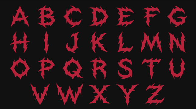 Red sharp evil font for halloween decoration, horror bloody letters alphabet set.