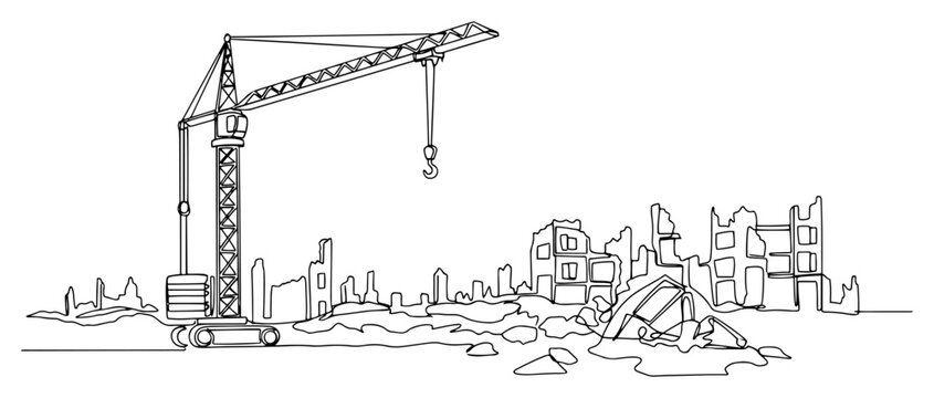 Reconstruction of destroyed city buildings with construction crane continuous one line art drawing for post-war recovery and urban development