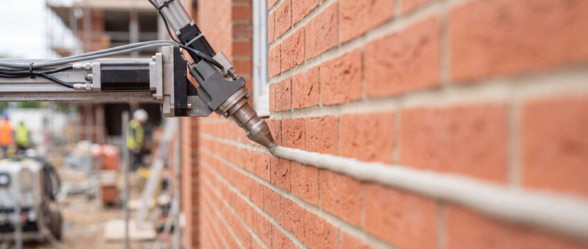 Robotic caulking machine sealing brick wall joint at construction site with automated precision