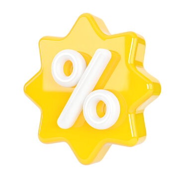 Glossy Yellow 3D Percentage Discount Badge Isolated on White Background, Retail Sale Promotion and Savings Symbol