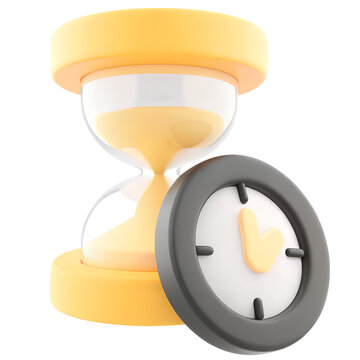 3D Hourglass and Clock Icon Isolated on White Background, Time Efficiency, Deadline and Productivity Concept