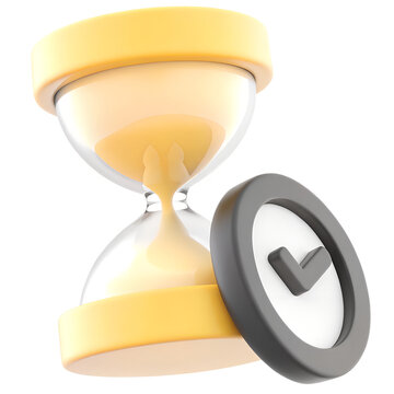 3D Hourglass and Clock with Check Mark Isolated on White Background, Time Management and Task Completion Concept