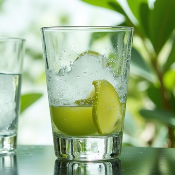 Refreshing Lime Drink in Glass with Citrus Fruit and Green Tropical Background