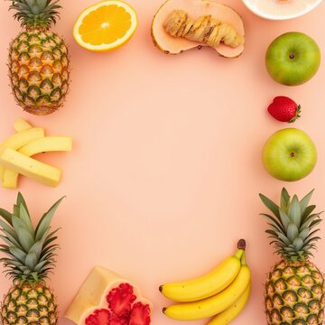 Tropical Fruit Frame Border with Pineapple Banana and Copy Space