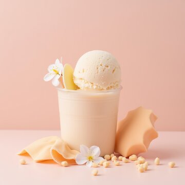 Vanilla Ice Cream Cup on Soft Pastel Pink Background with Copy Space