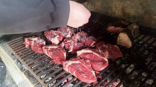 Seasoning Raw Beef for Argentine Barbecue &ndash; Hands Preparing Meat for Traditional Asado Grill