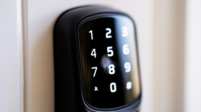 Smart door lock digital keypad black lock touch screen fingerprint smudge illuminated number modern door security device entryway macro photograph