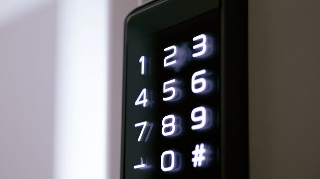Smart door lock digital keypad black panel glowing number touch surface modern lock security device entry door minimalist entryway close up illuminated keypad smart home access control electronic
