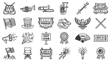 Fototapeta premium Independence Day parade icons set, 24 black outline vector elements for July 4th celebration, patriotic American holiday symbols and marching band equipment