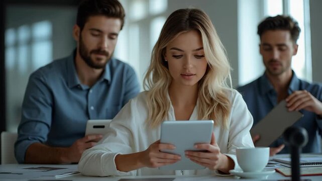 Stylish, charming woman having tablet in hands, looking at camera, showing thumb up gesture, two busy man expertising analyzing on blurred background, sitting in workplace, workstation fashi.