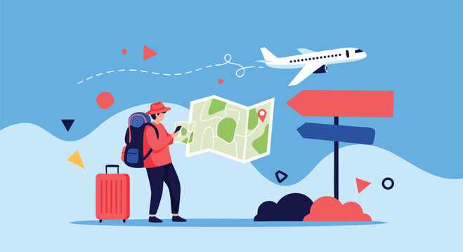 Backpacker with a large luggage bag reads a map to decide travel directions with an airplane flying in the sky.