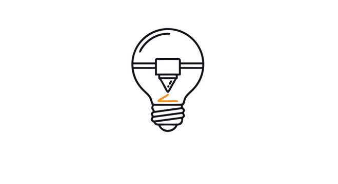 Innovative line icon concept showing a 3D printer nozzle drawing a filament design inside a classic light bulb.