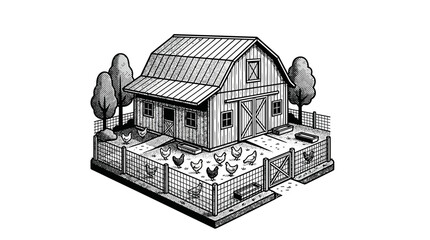 Farmhouse with fenced chicken coop area. © budirah