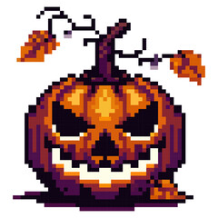 Fototapeta premium A carved pumpkin is shown with a spooky face. It has a mischievous smile and sharp eyes. The pumpkin sits on a flat surface with a couple of leaves around it