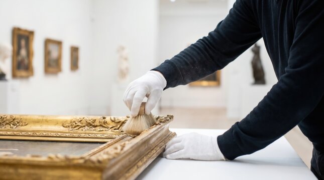 Art conservator dusting an antique gold picture frame with a soft brush