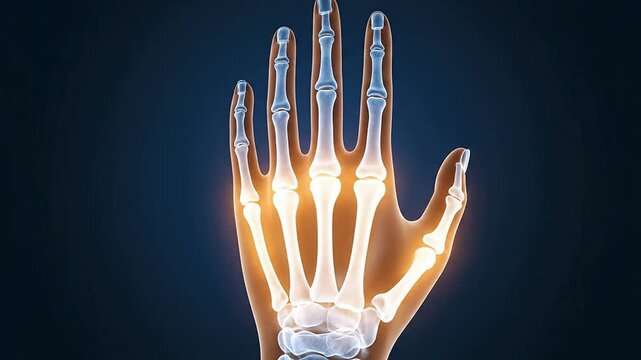 X-ray Style CGI Visualization Of A Human Hand Against A Dark Blue Medical Background Highlighting Skeletal Structure And Joints