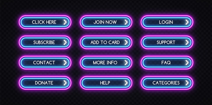 Set of neon dual-outline buttons in blue and pink with labels Click Here, Login, Subscribe and more. Cyberpunk-style UI kit for web, game or app design.
