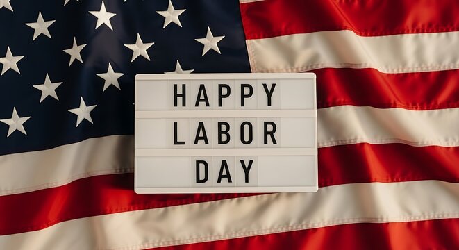 Happy Labor Day text on light box over waving american flag background