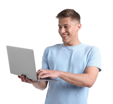 Blogger with modern laptop on white background