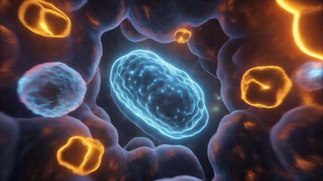 Detailed Human Cell Mitochondrion Cross Section with Cristae, Inner and Outer Membranes, ATP Production and Cellular Respiration Scientific Illustration