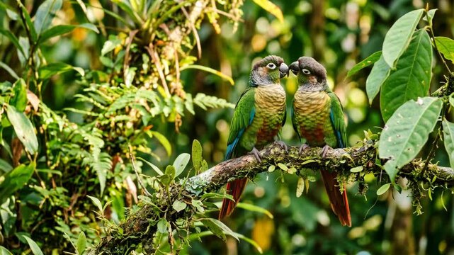 two conure parrots on branch in amazon rainforest brazil golden light close up video