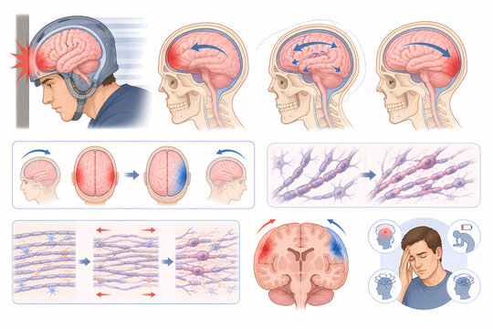 Concussion brain mechanism impact illustration