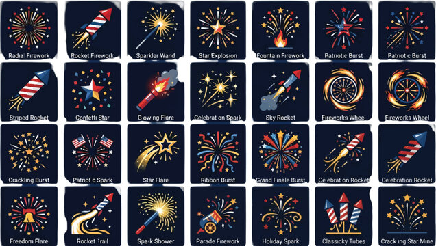Patriotic fireworks icon set, 28 festive pyrotechnic vector elements, red white and blue firework rockets and sparklers for celebration graphics