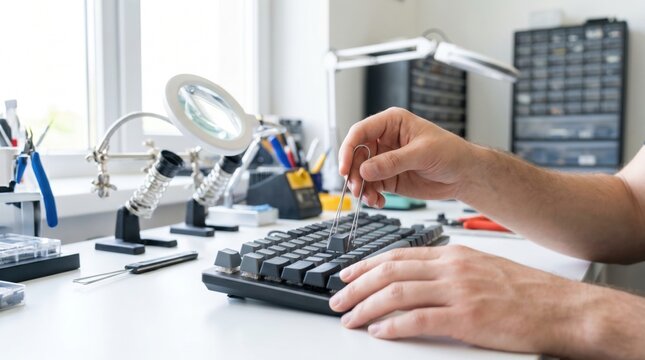 Person using a metal keycap puller to remove a key from a mechanical keyboard