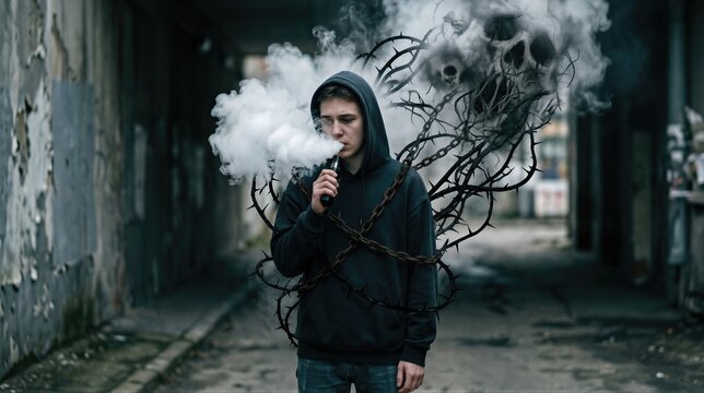 Young man smoking electronic cigarette in dark alley. Vape cloud forming skull and thorny vine imagery representing addiction and danger to physical health. Addictive habit concept.