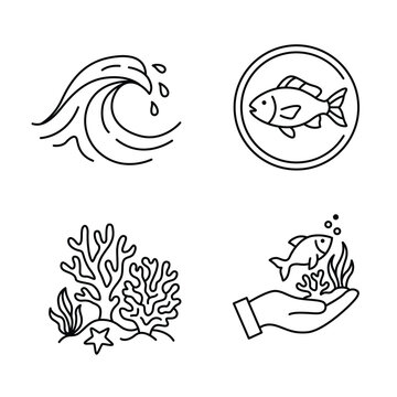 Set of ocean icons with sea wave, fish, coral and hand

