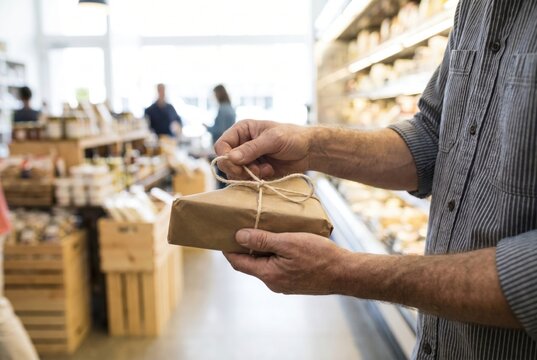 Shopkeeper tying a string bow around a wrapped paper parcel in a local market