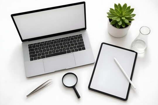 Minimalist health technology innovation desk flat lay: laptop, t