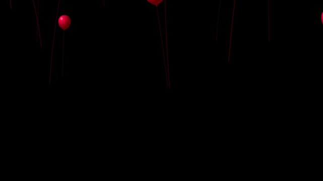4K Red balloons rising transition, 3D realistic floating balloon animation, isolated on black party motion graphic