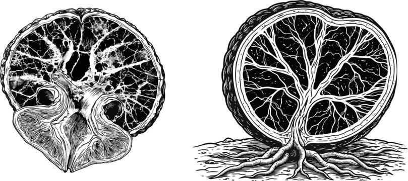 A stunning black-and-white illustration of a sliced truffle mushroom reveals its intricate marble-like veins against a pristine white backdrop