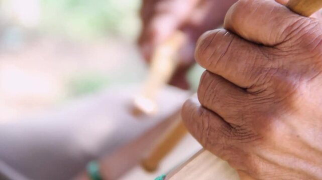 Hands play a traditional drum with rhythm and precision. Its aged appearance testifies to years of expert craftsmanship. The background suggests a tranquil, natural setting. Ideal for stories of tradi