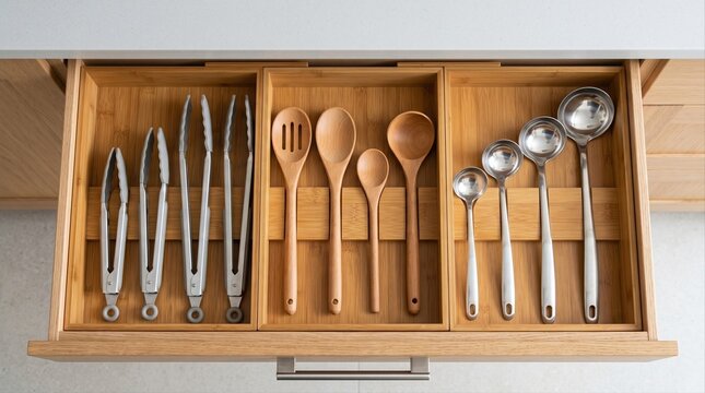 An open kitchen drawer with a bamboo organizer neatly holding steel tongs, wooden spoons and stainless ladles, top view, kitchen organization, minimalist home, cooking essentials.